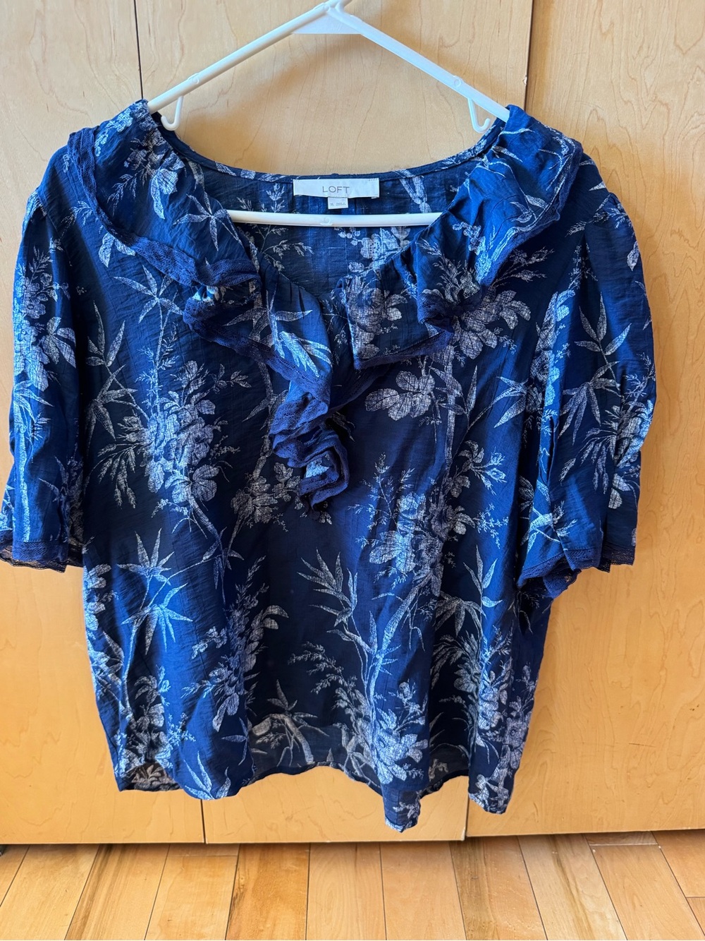 LOFT Navy Floral Ruffle-Neck Blouse
